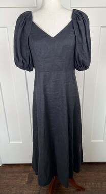 & Other Stories Black 100% Linen Puff Sleeve Midi Dress Size 6 Sweetheart